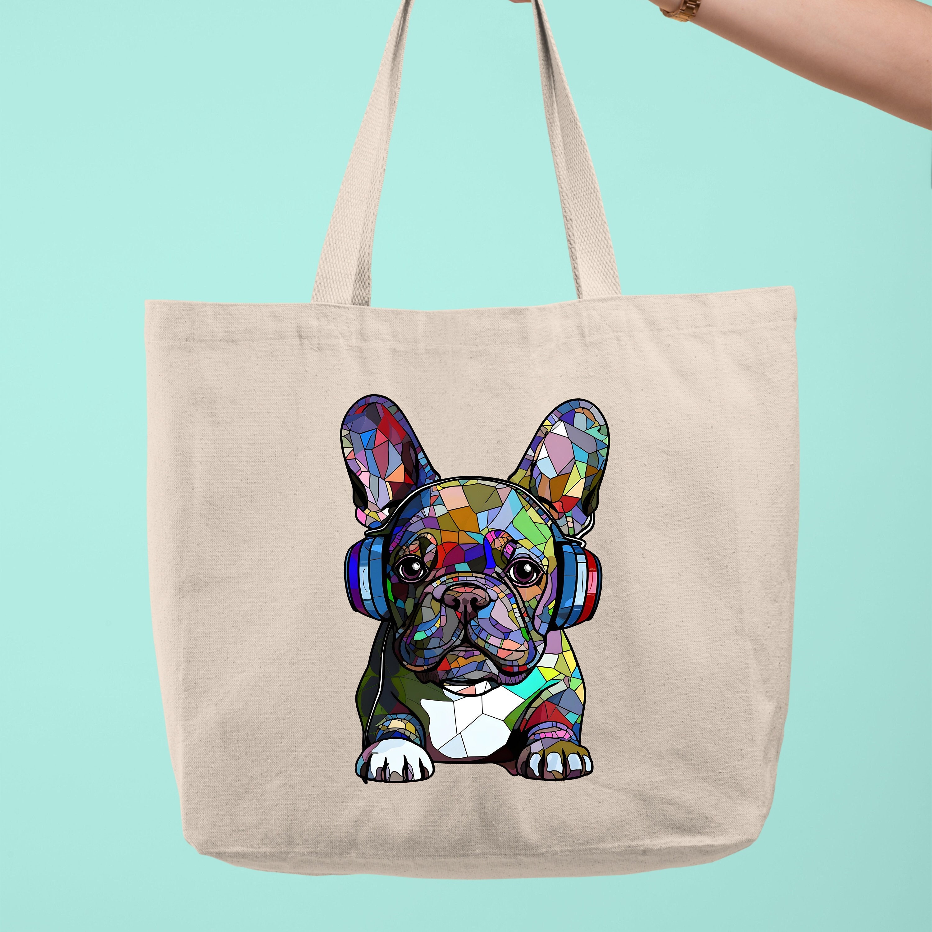 Cute French Bulldog Tote Bag, French Bulldog Wearing Headphones Tote Bag, Funny Animal Tote Bag, Music Gift Canvas Tote Bag, Shoulder Bag