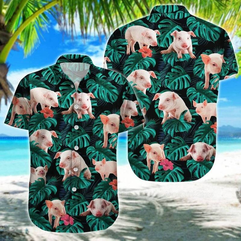 Pig Aloha Hawaiian Shirt – Baby Pig Hawaiian Shirt, Tropical Leaves Pattern Hawaiian Shirt