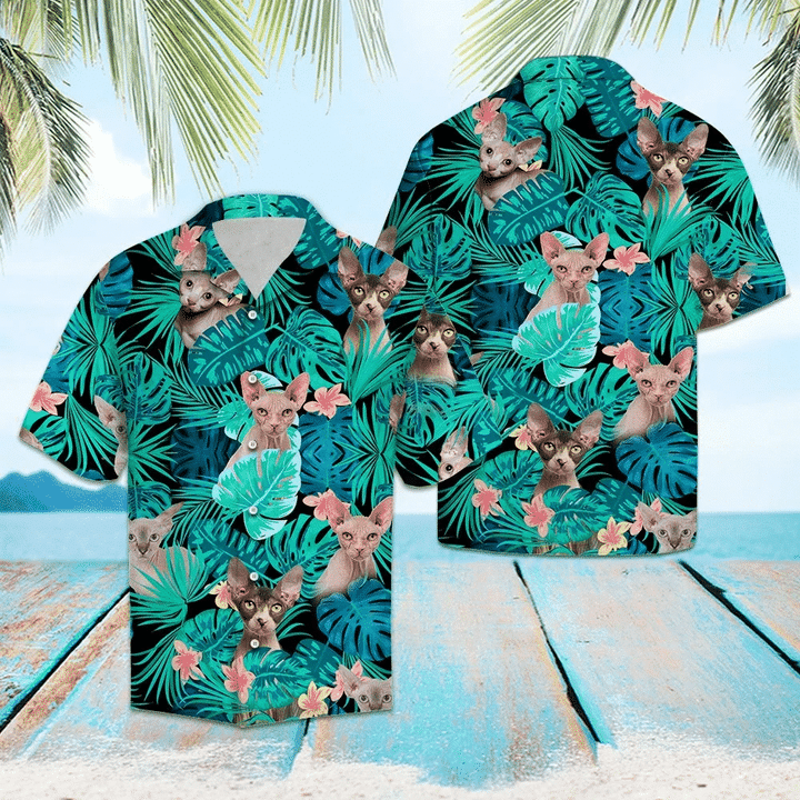 Sphynx Behind Tropical Forest Pattern Hawaiian Shirt