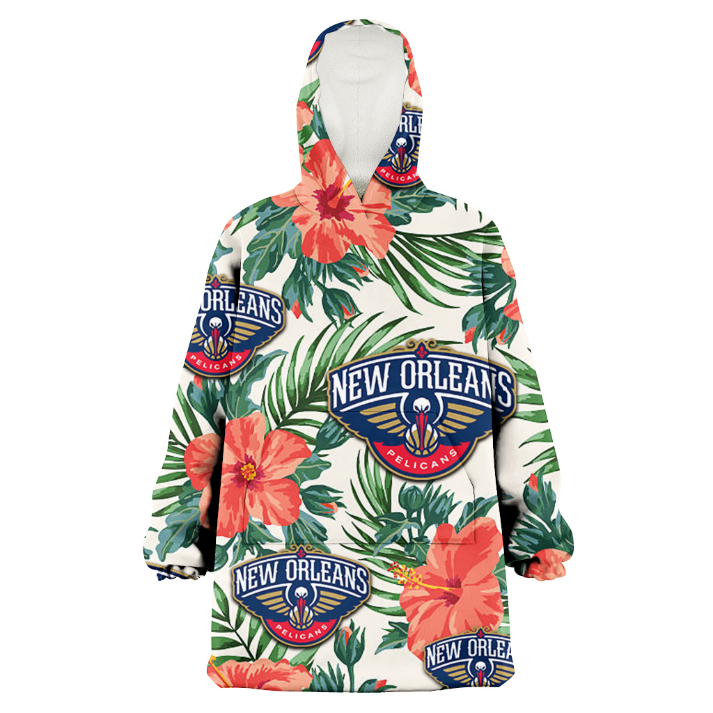 New Orlean Pelicans Coral Hibiscus Green Leaf Beige Background 3D Printed Hoodie Blanket Snug Hoodie