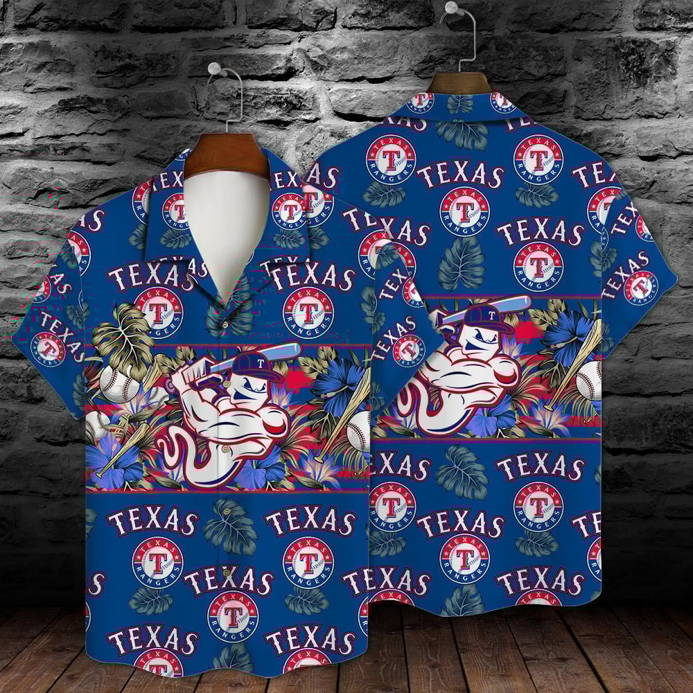 Texas Rangers Mascot And Leaves Tropical Pattern Hawaiian Shirt