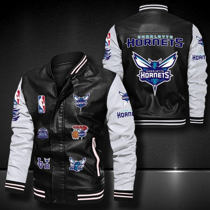 Charlotte Hornets Leather Varsity Jacket Bomber Coat