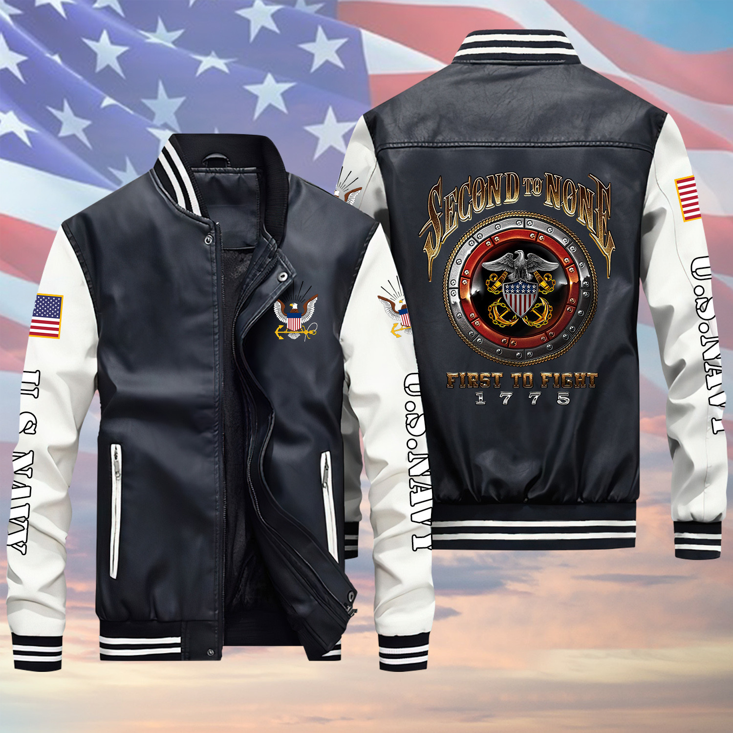 Second To None First To Fight U.S Navy Veteran Black Winter Gear Leather Bomber Leterman Varsity Jacket