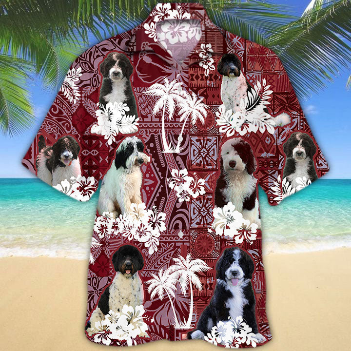 Black And White Goldendoodle Hawaiian Shirt, Hawaii Shirt With Dog And Red Tribal Pattern