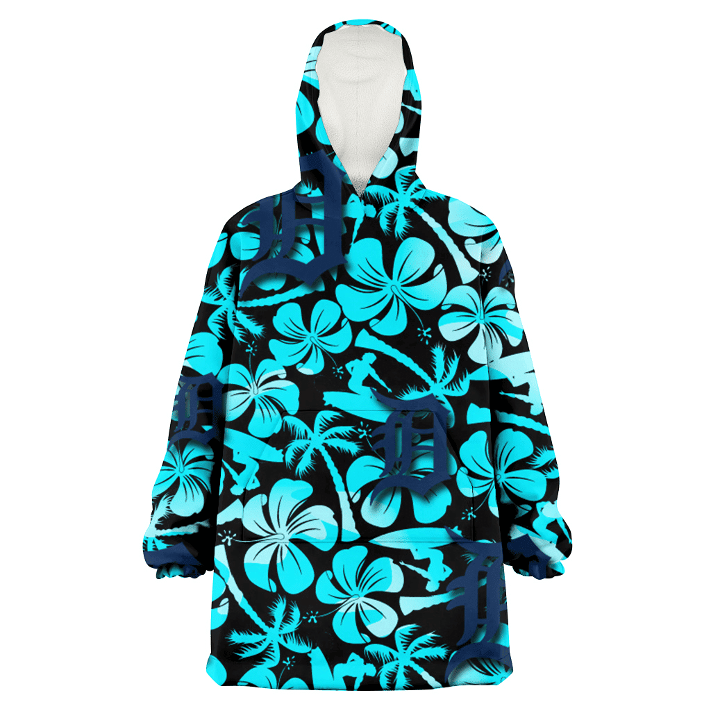 Detroit Tigers Blue Hibiscus Blue Coconut Tree Black Background 3D Printed Hoodie Blanket Snug Hoodie