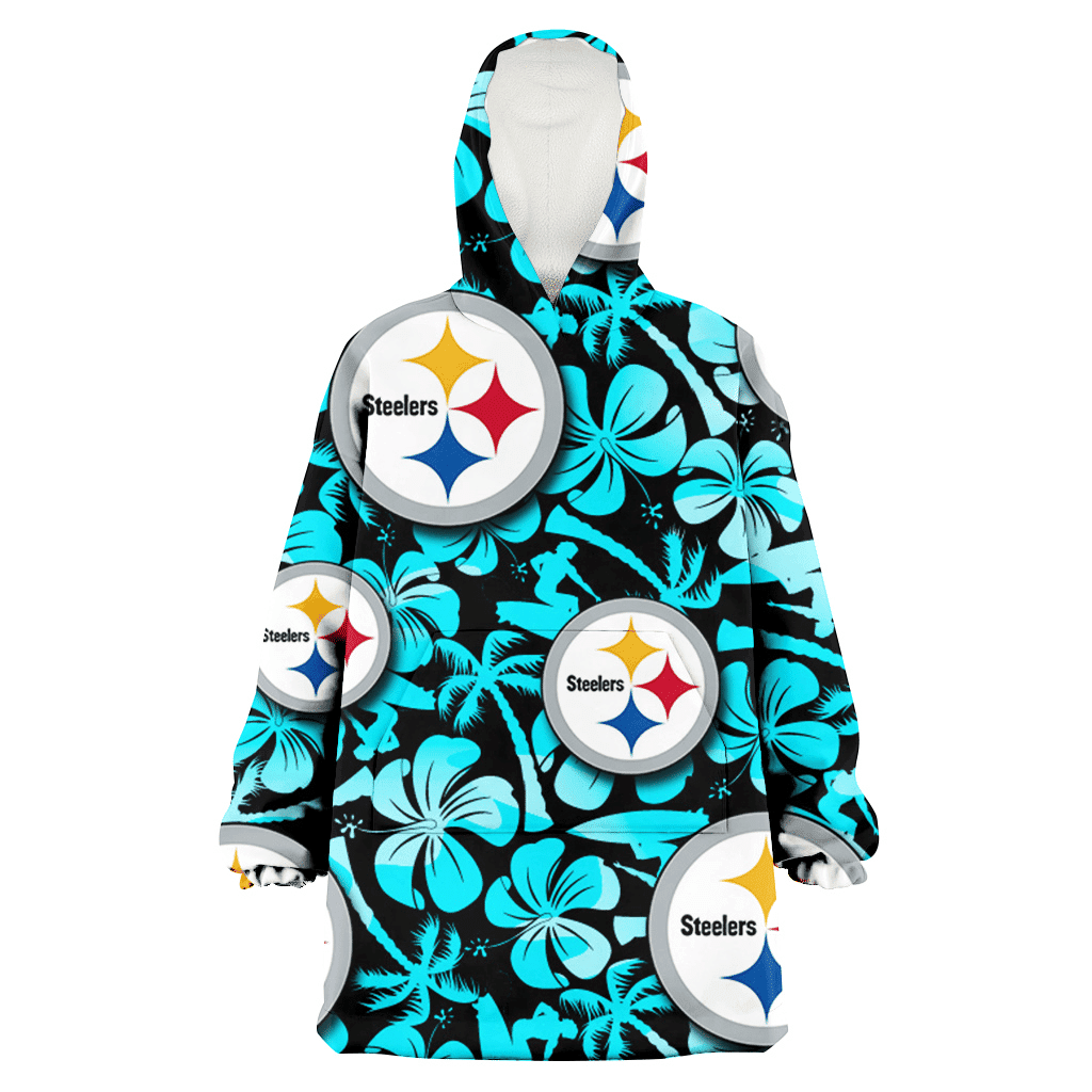 Pittsburgh Steelers Blue Hibiscus Blue Coconut Tree Black Background 3D Printed Hoodie Blanket Snug Hoodie