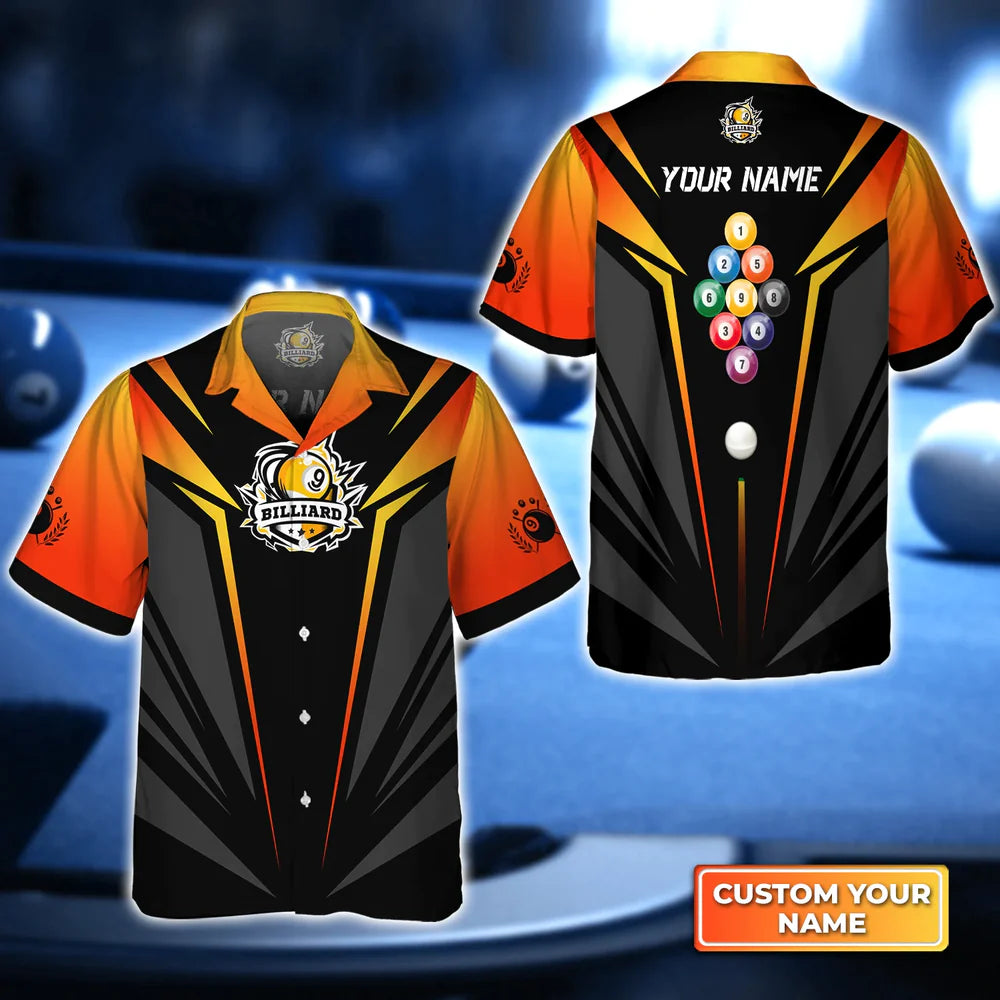 Personalized Name Billiard Pool Nine-Ball In Orange 3D Hawaiian Shirt, Gift For Billiard Players