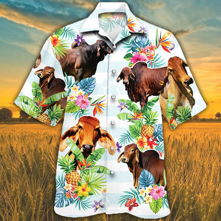 Red Brahman Cattle Lovers Tropical Flower Hawaiian Shirt, Cow Summer Hawaiian Shirt