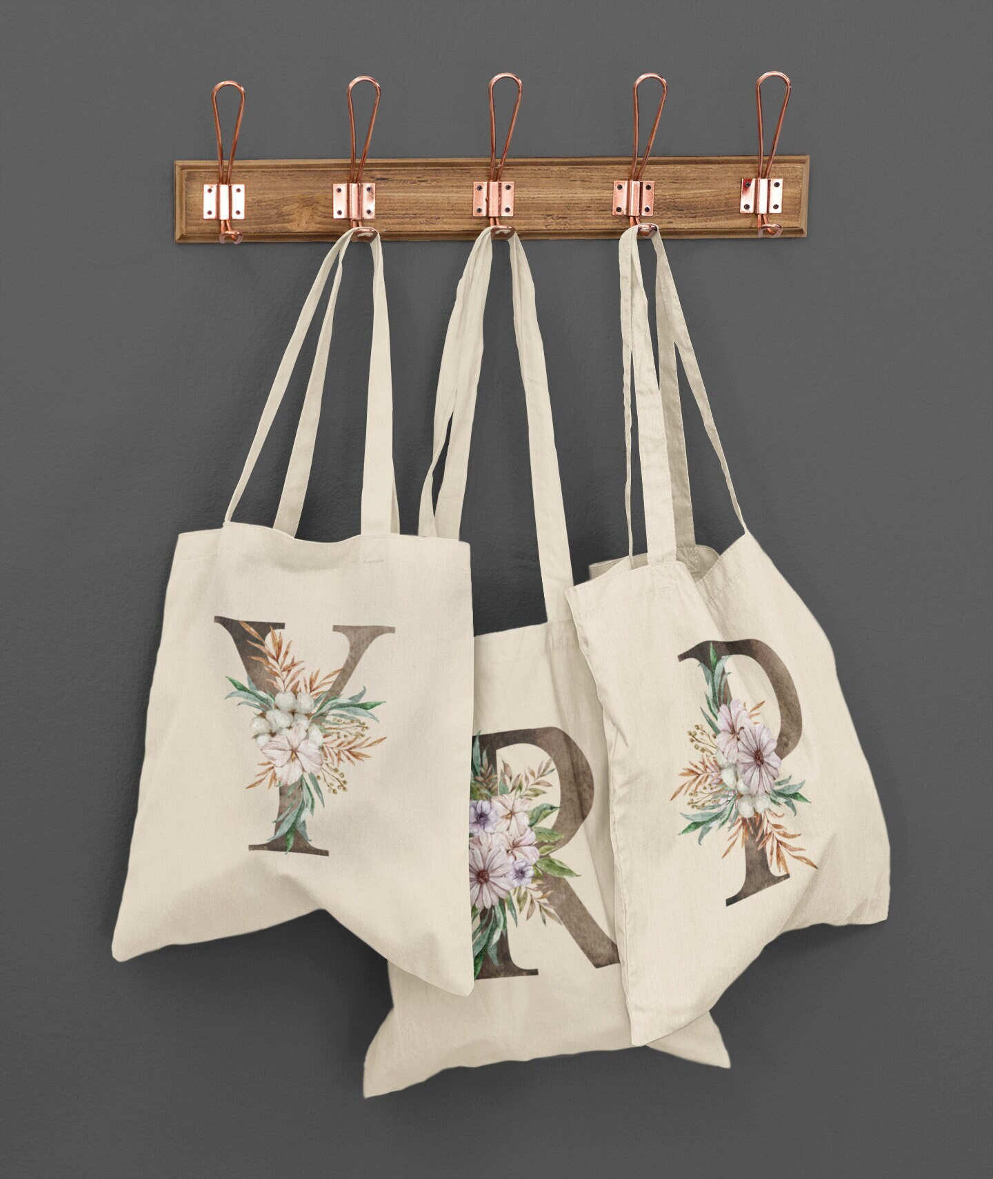 Personalized Floral Monogram Bridesmaid Tote Bag, Unique Gift For Mothers Day, Custom Women Mom Grandma Nurse Teacher Appreciation Tote Bag