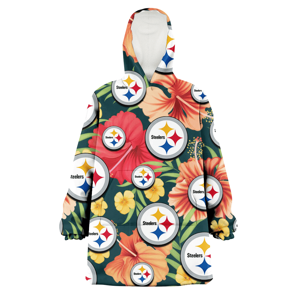 Pittsburgh Steelers Orange Red Hibiscus Green Leaf Dark Background 3D Printed Hoodie Blanket Snug Hoodie