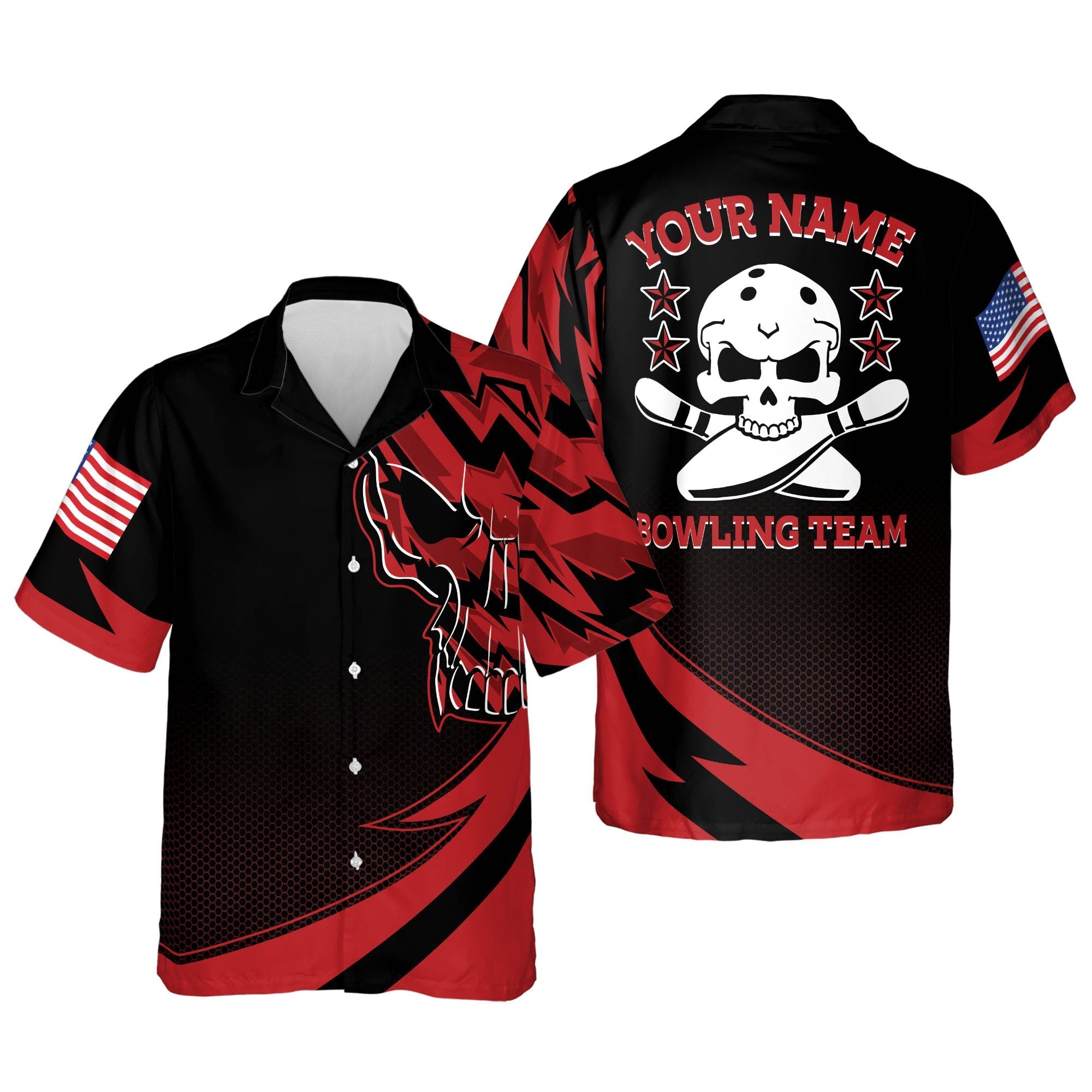 Skull Button-Down Flag Bowling Hawaiian Shirt, Bowling Team Shirt, Bowling Gift