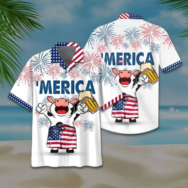 Cow And Beer 4Th Of July Hawaiian Shirt, American Flag Hawaiian Shirts For Men, Women