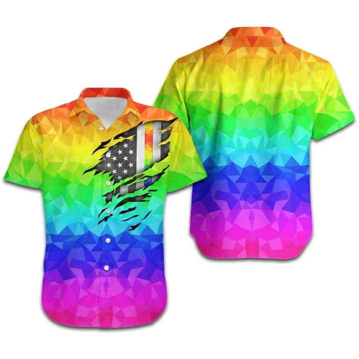 Beach Shirt Lgbt Pride Hawaiian Shirt Rainbow Polygonal American Flag Inside Hawaii, Pride Shirts