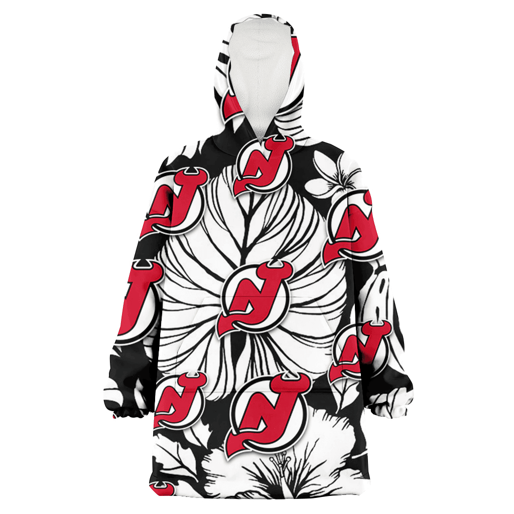 New Jersey Devils White Hibiscus Porcelain Flower Palm Leaf Black 3D Printed Hoodie Blanket Snug Hoodie