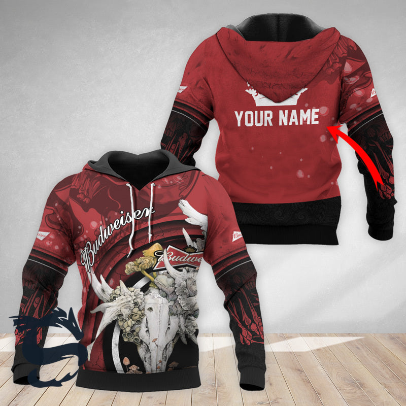 Personalized Budweiser Deer Skull With Mushrooms Hoodie & Zip Hoodie