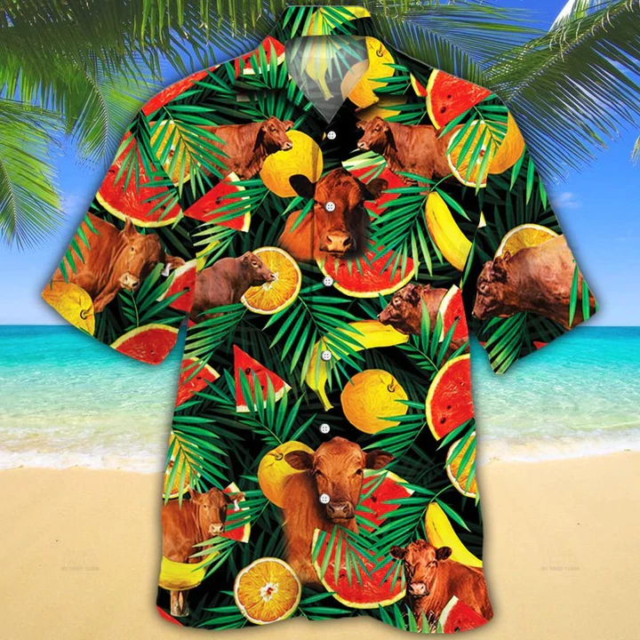 Cow Hawaiian Shirt – Red Angus Cattle Lovers Tropical Fruits Hawaiian Shirt – Aloha Shirt For Cow Lovers