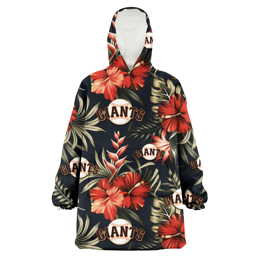 San Francisco Giants Red Hibiscus Green Leaf Dark Background 3D Printed Hoodie Blanket Snug Hoodie