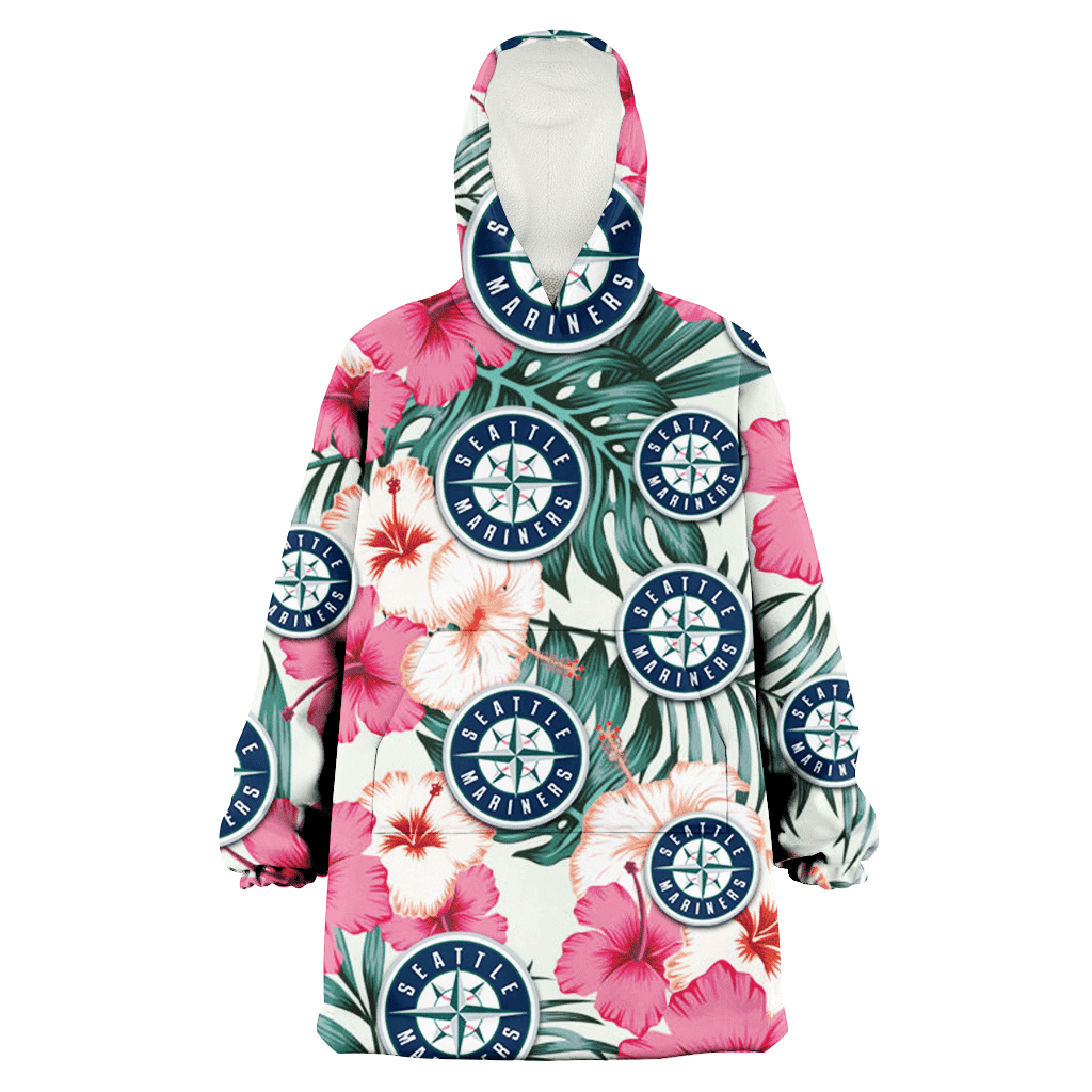 Seattle Mariners Coral Pink Hibiscus Green Leaf Beige Background 3D Printed Hoodie Blanket Snug Hoodie