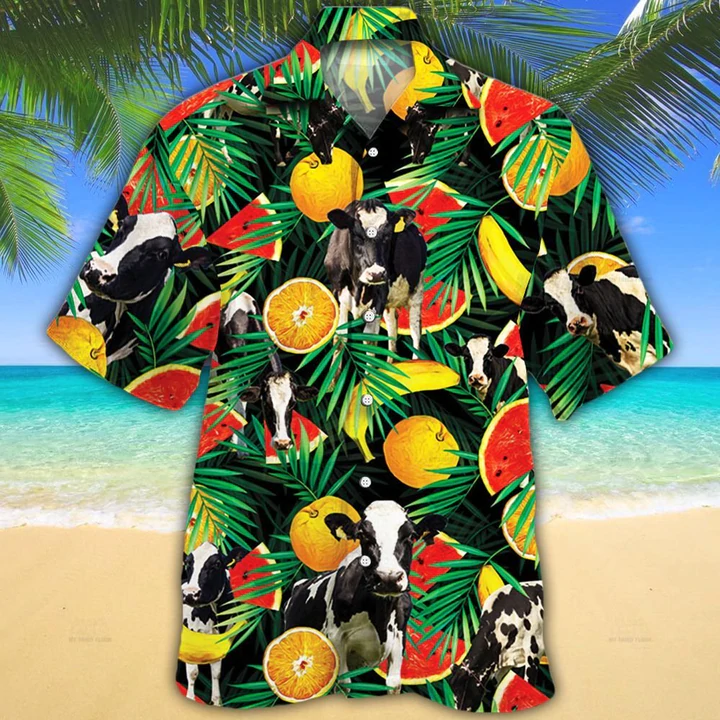 Cow Hawaiian Shirt – Holstein Friesian Cattle Lovers Tropical Fruits Hawaiian Shirt – Aloha Shirt For Cow Lovers