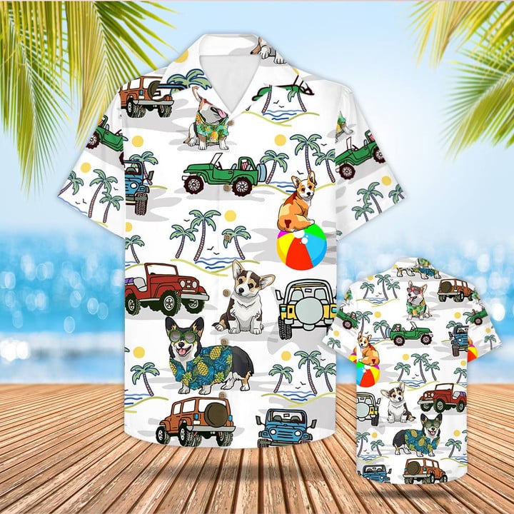 Corgi And Jeep Hawaiian Shirt Beach Shirt Gift For Corgi Mom Corgi Dad, Unisex Hawaiian Shirt