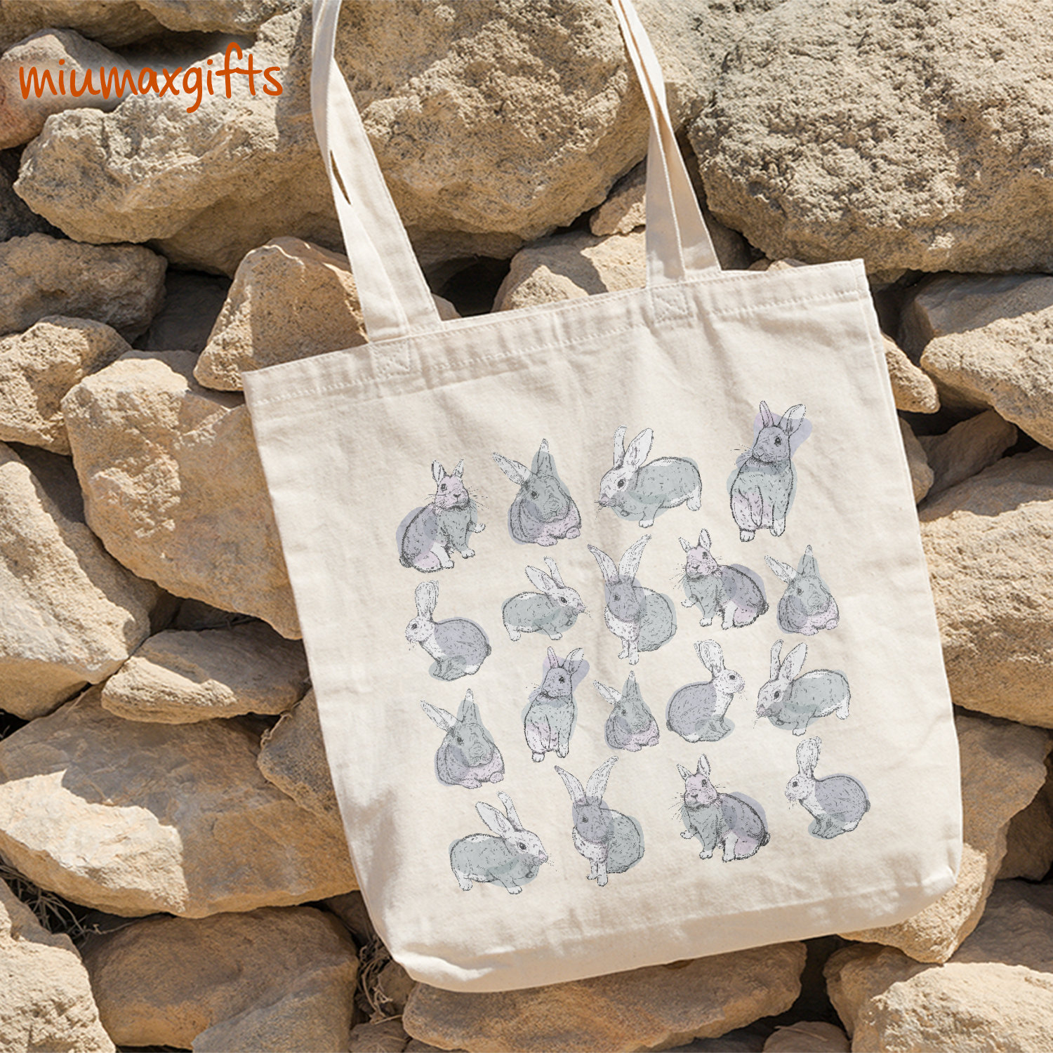 Rabbit Cotton Tote Bag, Bunny Tote Bag, Rabbit Bag, Bunny Bag, Tote Design By Miumaxgift, Natural Cotton Tote Bag, Eco-Friendly Tote Bag