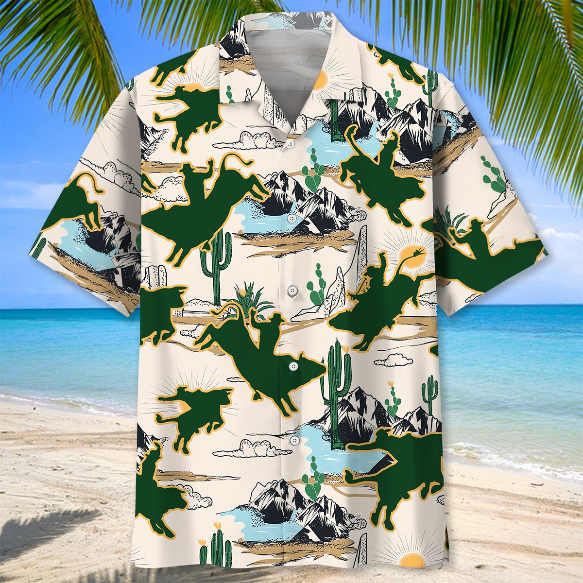 Bull Riding Desert Hawaiian Shirt, Short Sleeve Summer Vacation Beach Shirts For Men