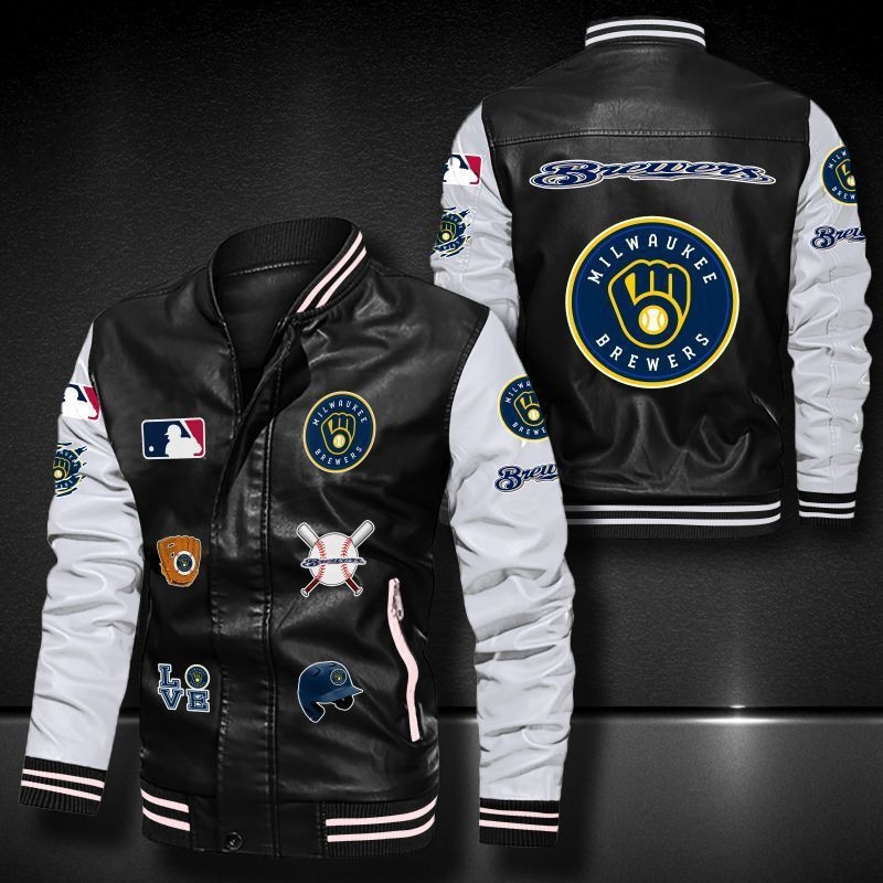 Milwaukee Brewers Leather Varsity Jacket Bomber Coat