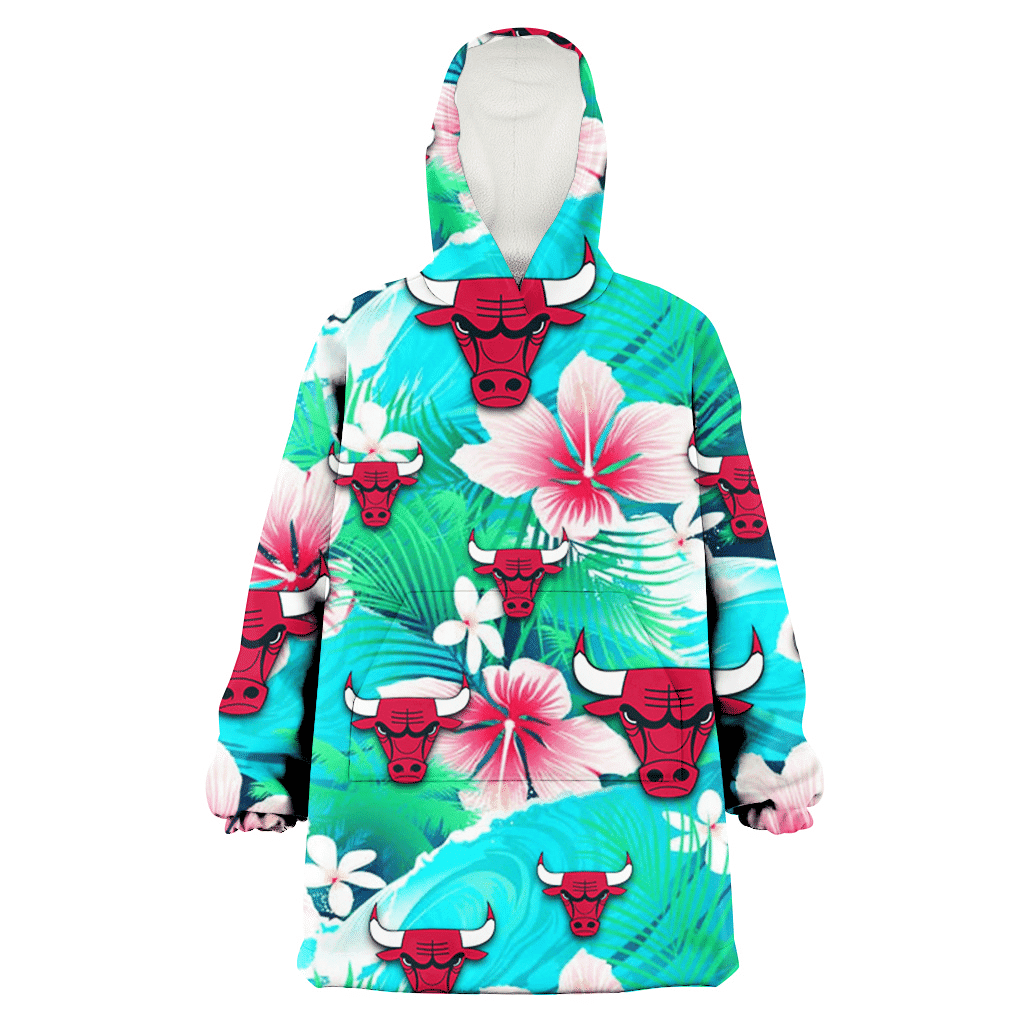 Chicago Bulls Pink Hibiscus Green Leaf Blue Background 3D Printed Hoodie Blanket Snug Hoodie