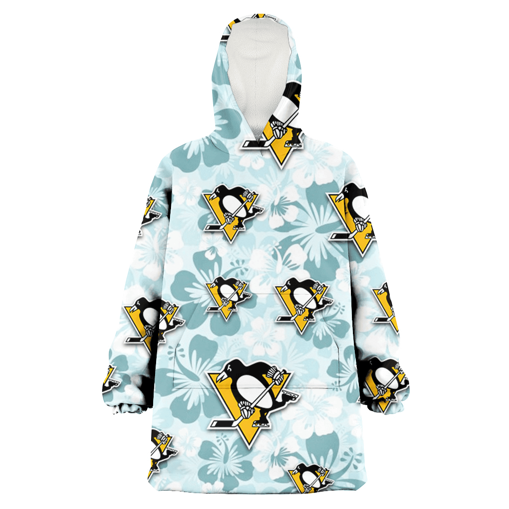 Pittsburgh Penguins Pale Turquoise Hibiscus Light Cyan Background 3D Printed Hoodie Blanket Snug Hoodie