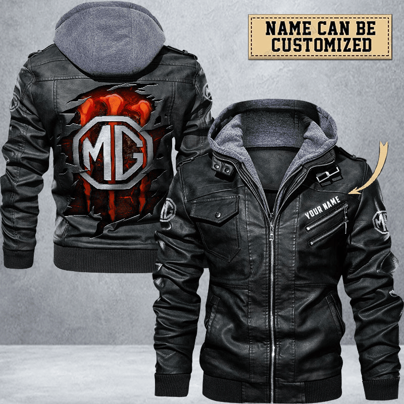 MG Custom Name Zip Leather Jacket With Hood