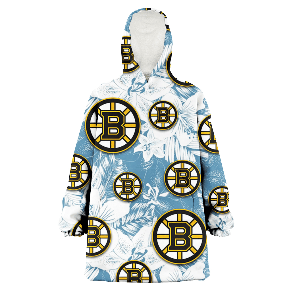 Boston Bruins White Hibiscus Orchid Light Blue Background 3D Printed Hoodie Blanket Snug Hoodie