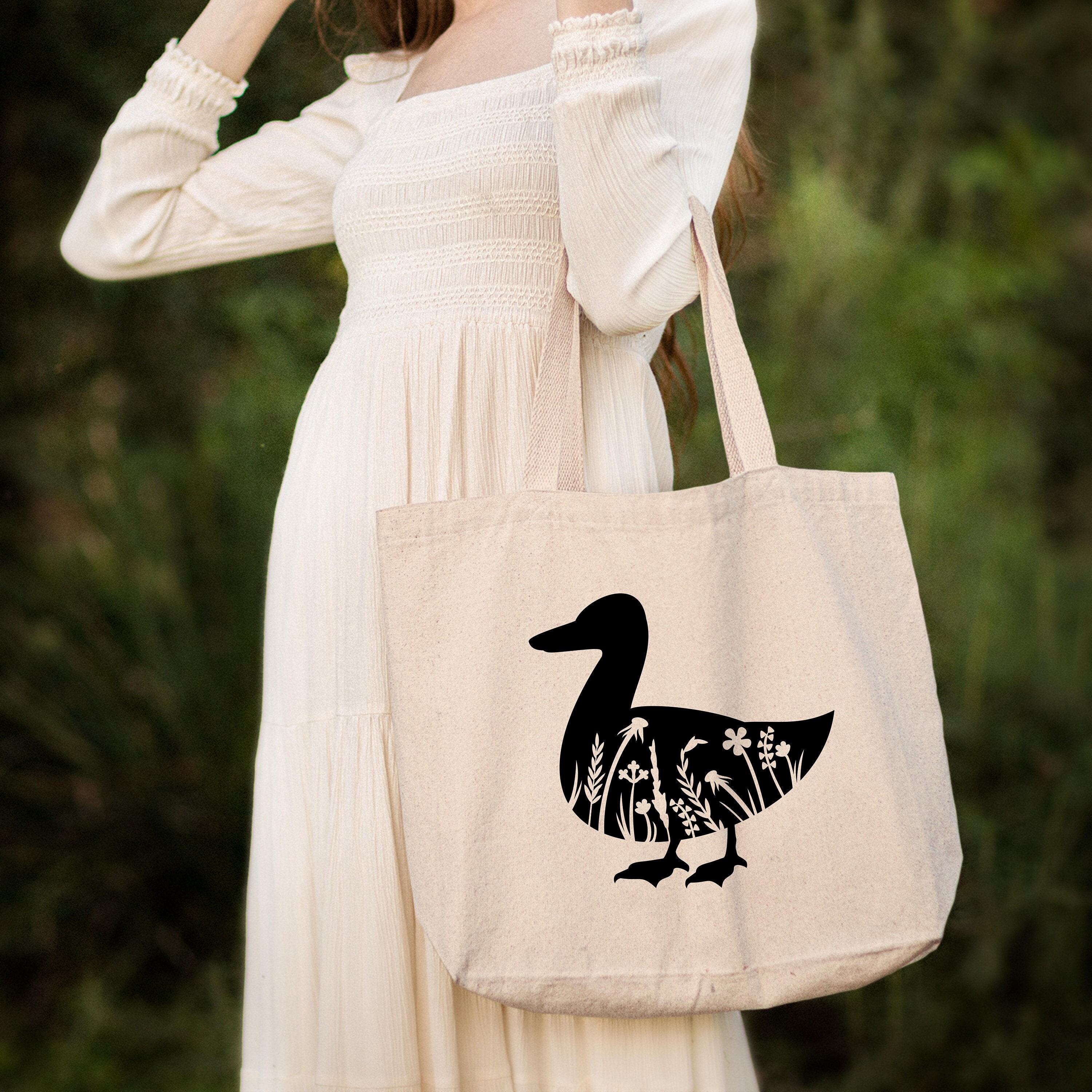 Floral Duck Tote Bag, Unique Gift For Animal Lovers, Cute Duck Tote Bag, Bird Shirt Tote Bag, Canvas Tote Bag,Women Shoulder Bag,Teacher Bag