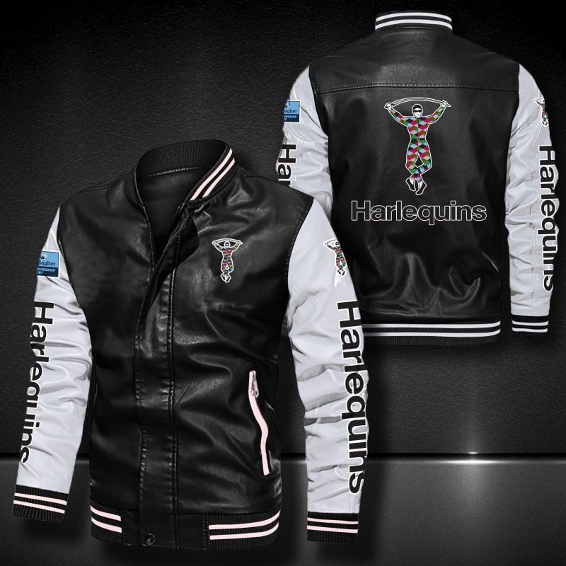 Harlequins Leather Varsity Jacket Bomber Coat