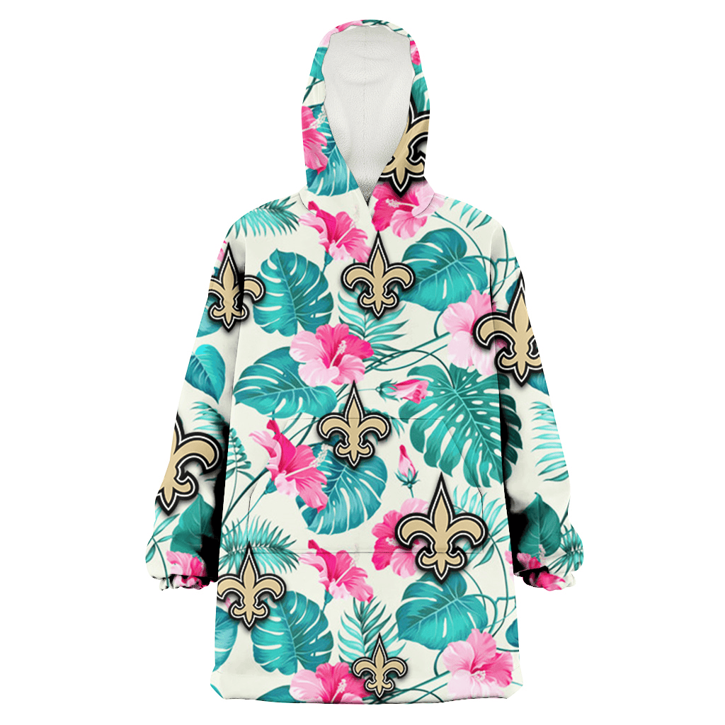 New Orleans Saints Pink Hibiscus Green Leaf Beige Background 3D Printed Hoodie Blanket Snug Hoodie