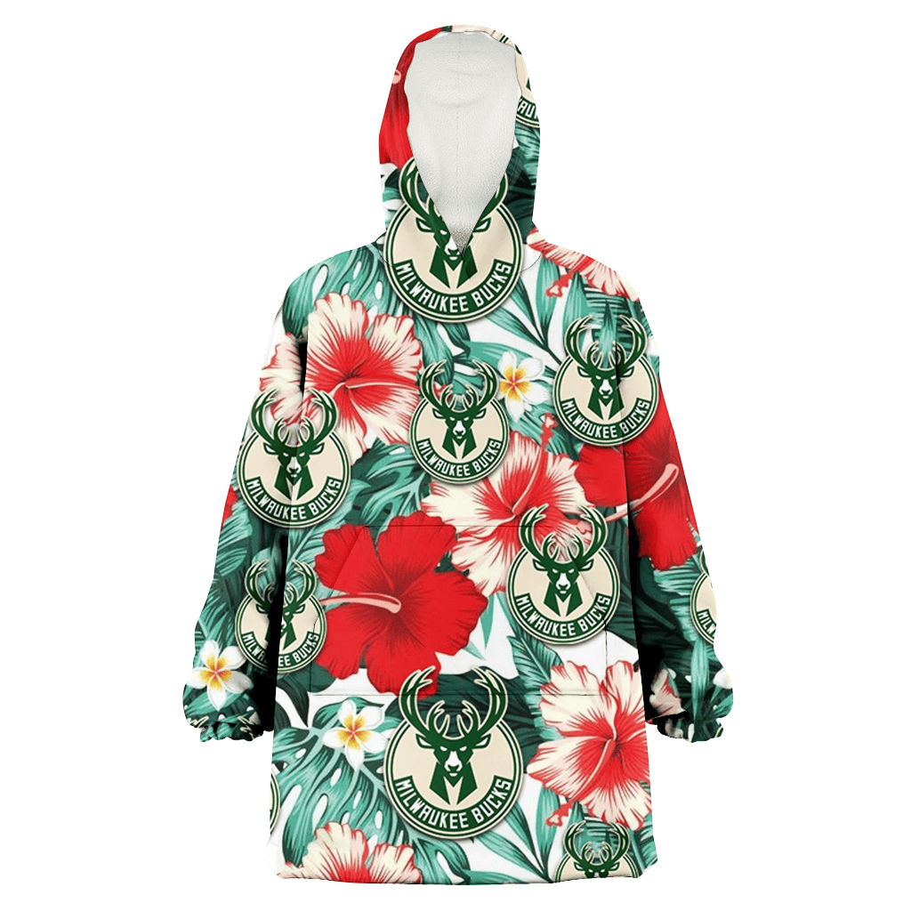 Milwaukee Bucks Red Coral Hibiscus White Porcelain Flower Banana Leaf 3D Printed Hoodie Blanket Snug Hoodie