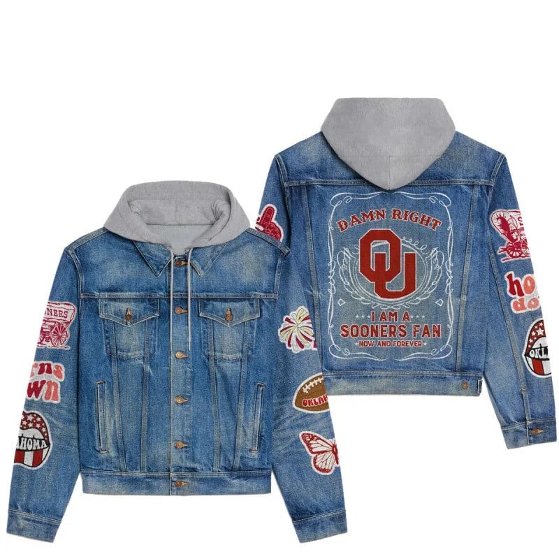 Oklahoma Sooners NCAA Team Logo & Motto v2 3D Hooded Denim Jacket