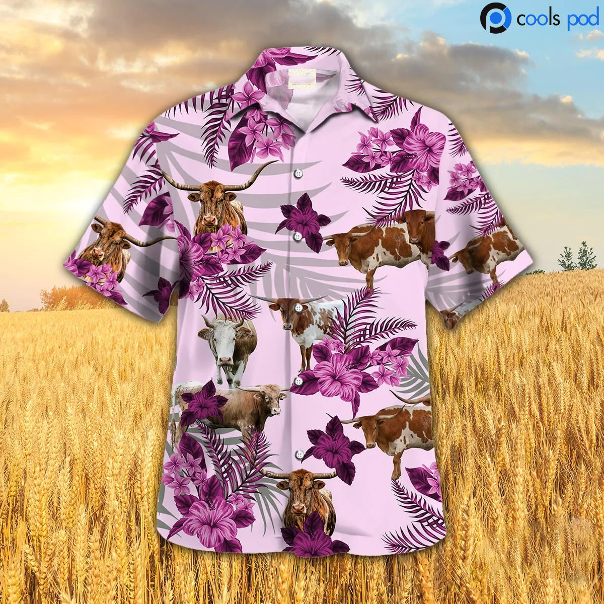 Texas Longhorn Hibiscus Hawaiian Shirt, Pink Cow Hawaiian Shirt, Farmer Hawaiian Shirt Men Women