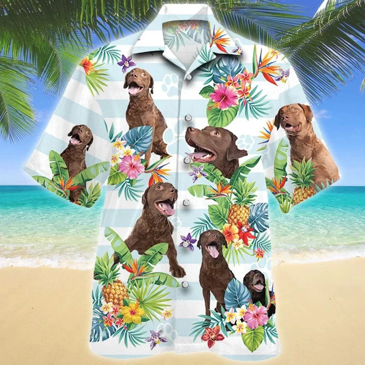 Chesapeake Bay Retriever Dog Tropical Flower Paw Hawaiian Shirt – Summer Button Down Mens Hawaiian Shirts Short Sleeve