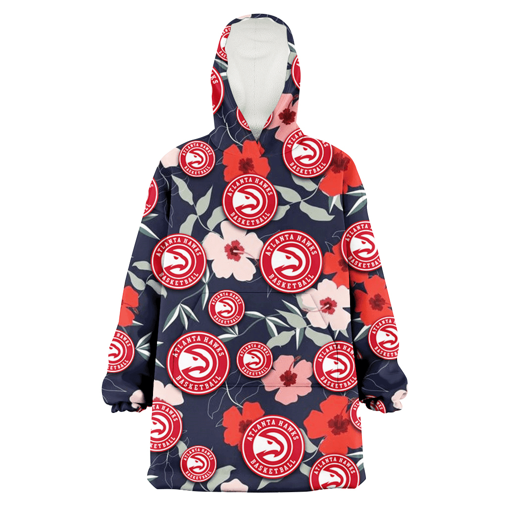 Atlanta Hawks Red Pink White Hibiscus Black Background 3D Printed Hoodie Blanket Snug Hoodie