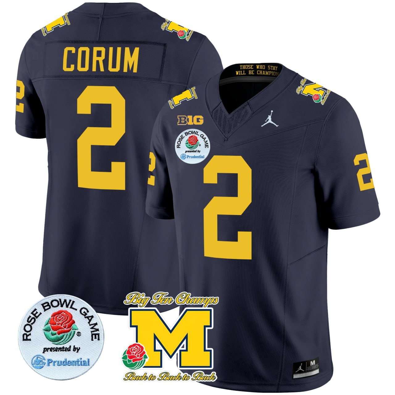 Blake Corum Michigan Wolverines Navy Rose Bowl Patch With Quote Jersey – All Stitched