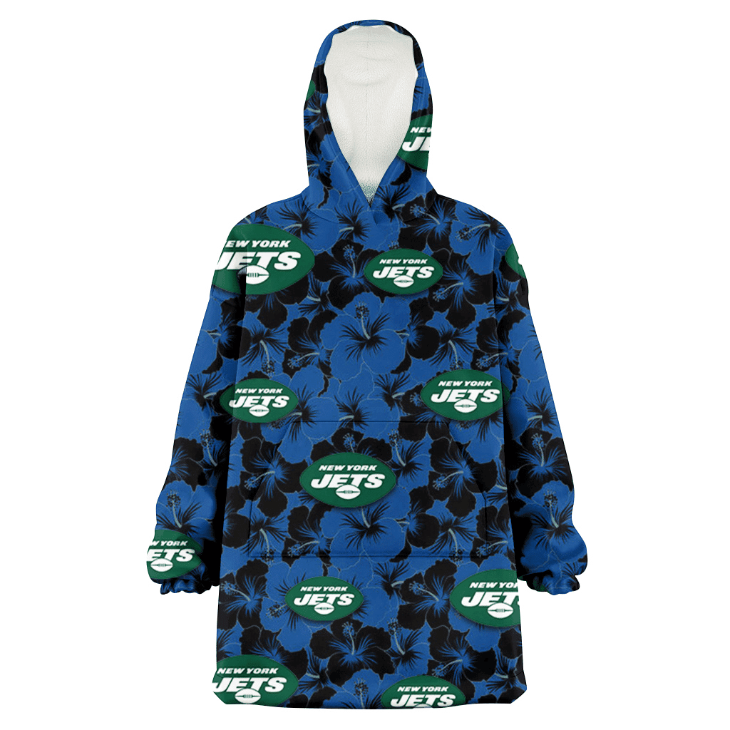 New York Jets Black Dark Blue Hibiscus Black Background 3D Printed Hoodie Blanket Snug Hoodie