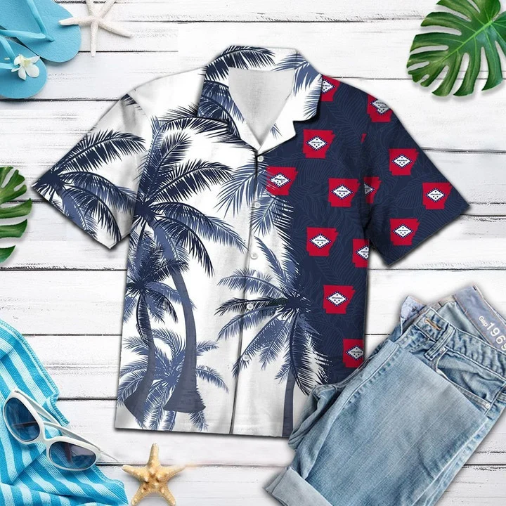 Arkansas Flag With Palm Trees Design Hawaiian Shirt