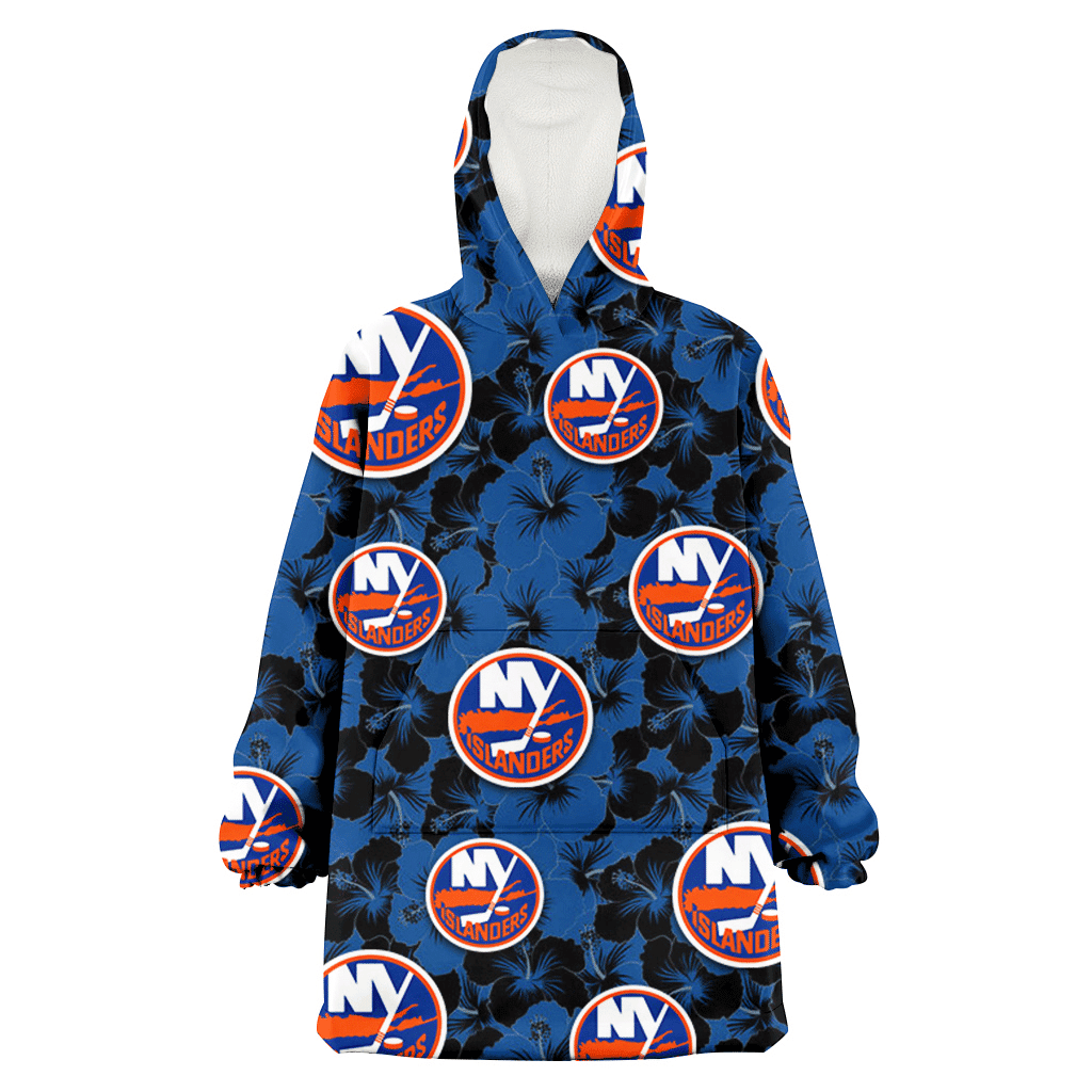 New York Islanders Black Dark Blue Hibiscus Black Background 3D Printed Hoodie Blanket Snug Hoodie