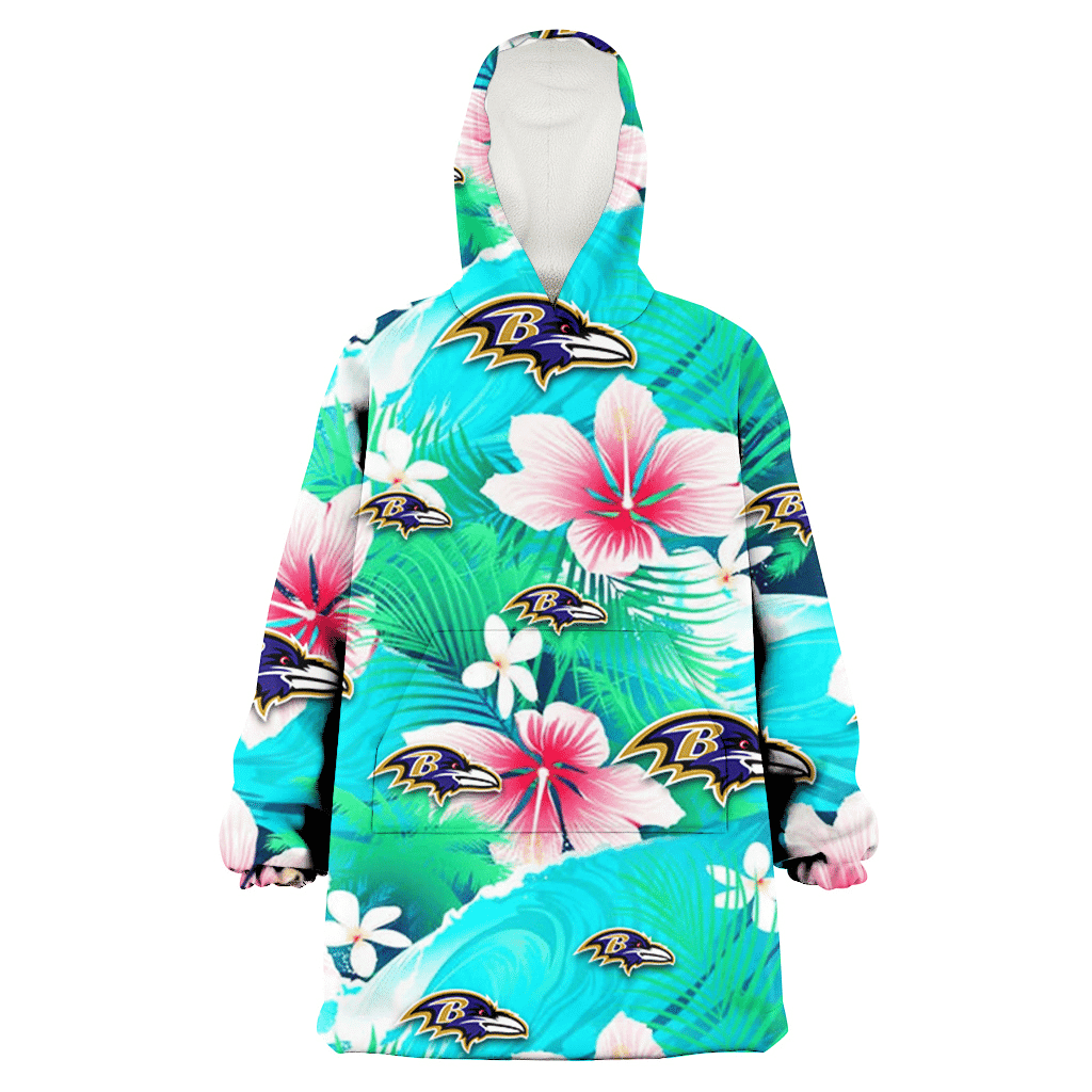 Baltimore Ravens Pink Hibiscus Green Leaf Blue Background 3D Printed Hoodie Blanket Snug Hoodie