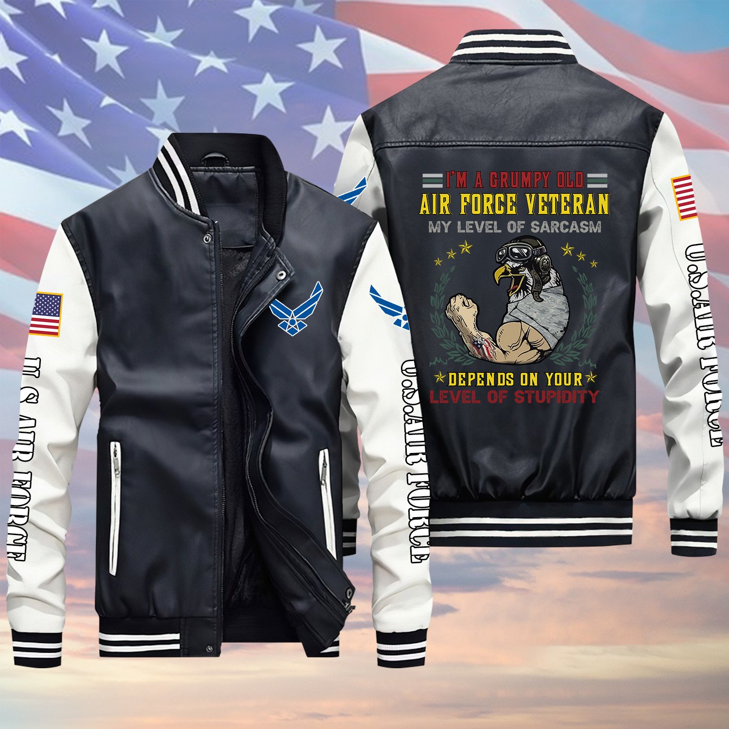 I’m A Grumpy Old Air Force Veteran Black Winter Gear Leather Bomber Leterman Varsity Jacket