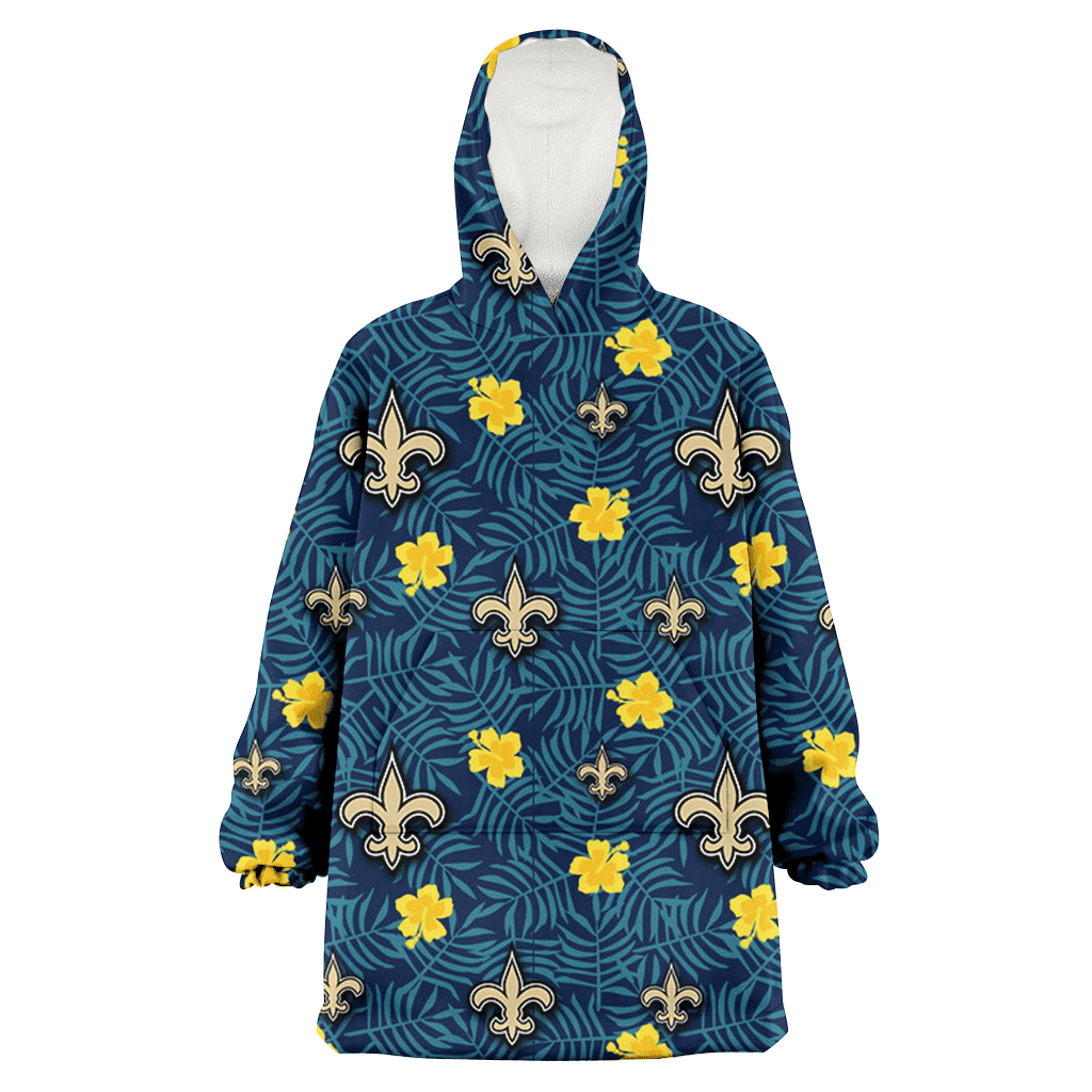 New Orleans Saints Yellow Hibiscus Cadet Blue Leaf Navy Background 3D Printed Hoodie Blanket Snug Hoodie