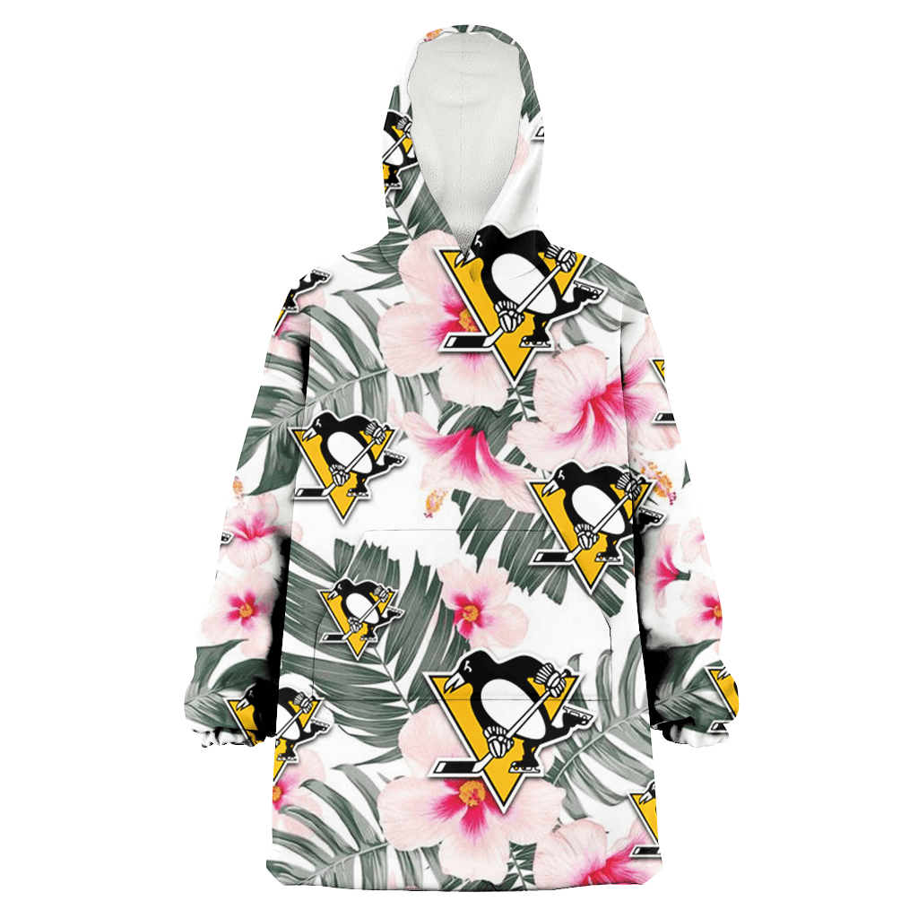 Pittsburgh Penguins White Hibiscus Green Leaf White Background 3D Printed Hoodie Blanket Snug Hoodie