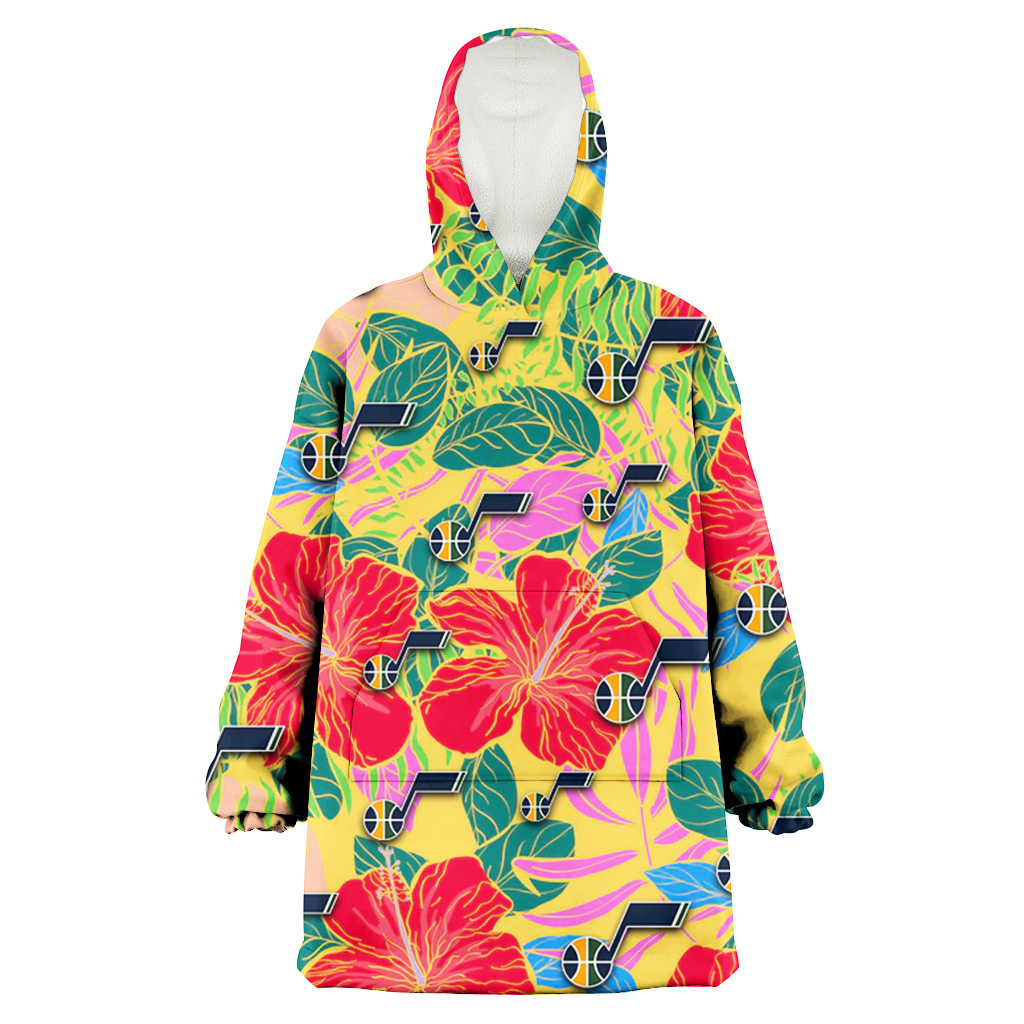 Utah Jazz Red Hibiscus Green Blue Leaf Yellow Background 3D Printed Hoodie Blanket Snug Hoodie