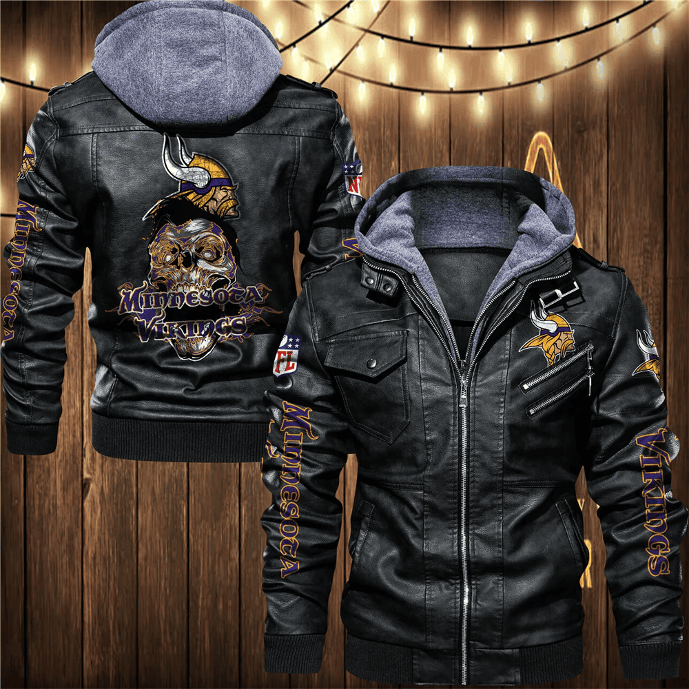 Minnesota Vikings Skull 3D Zip Leather Jacket With Hood