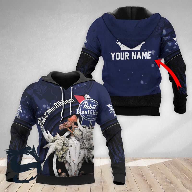 Personalized Pabst Blue Ribbon Deer Skull With Mushrooms Hoodie & Zip Hoodie
